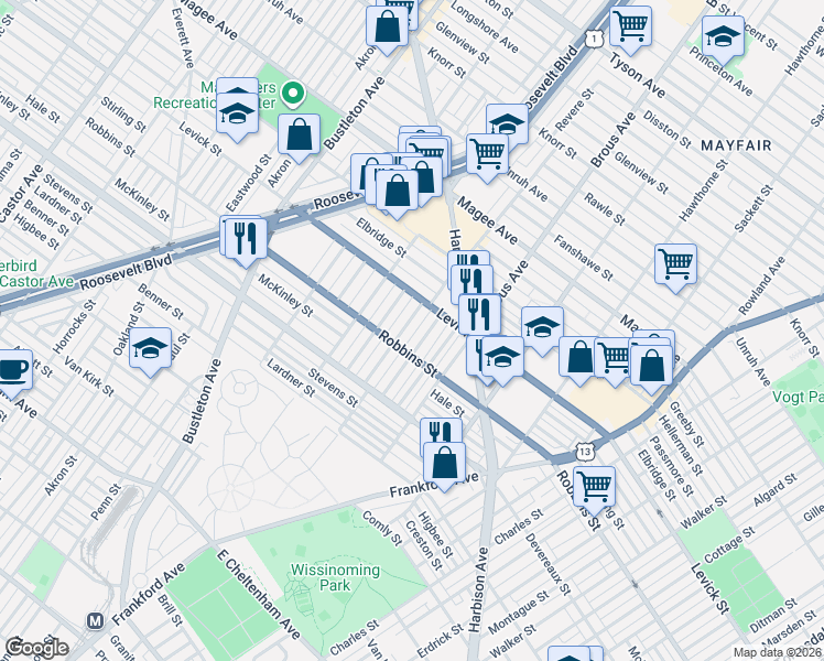 map of restaurants, bars, coffee shops, grocery stores, and more near 6322 Revere Street in Philadelphia