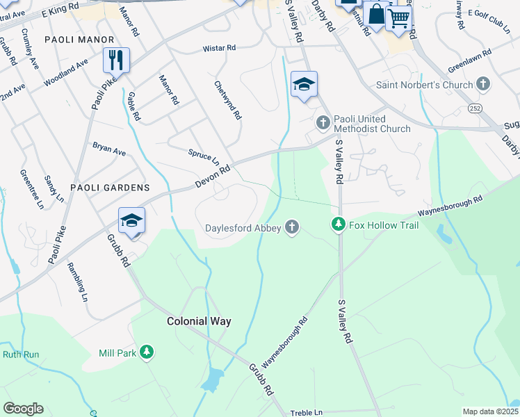 map of restaurants, bars, coffee shops, grocery stores, and more near 139 Chapel Hill Circle in Paoli