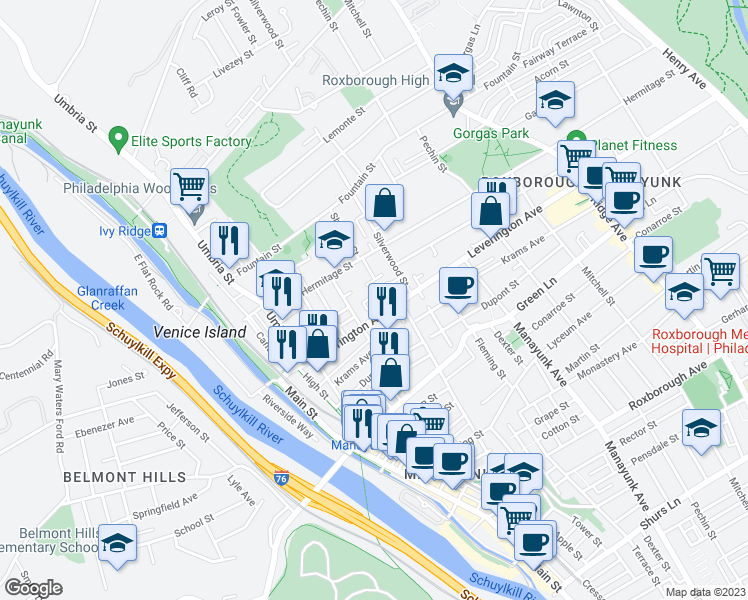 map of restaurants, bars, coffee shops, grocery stores, and more near 266 Greenough Street in Philadelphia