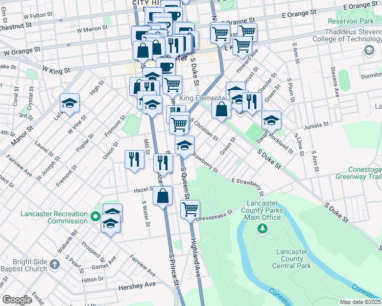 map of restaurants, bars, coffee shops, grocery stores, and more near 438 East Strawberry Street in Lancaster