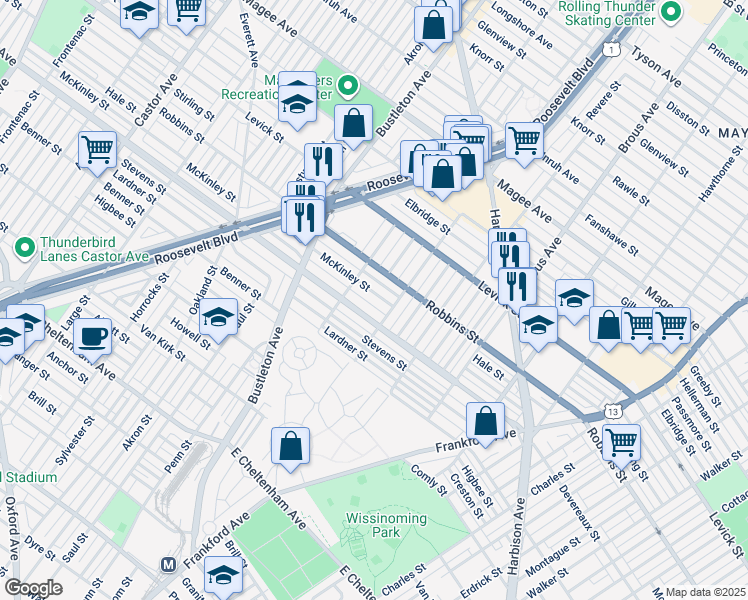 map of restaurants, bars, coffee shops, grocery stores, and more near 2132 McKinley Street in Philadelphia