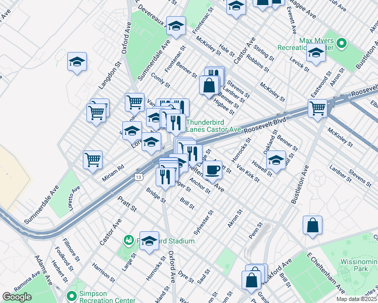 map of restaurants, bars, coffee shops, grocery stores, and more near 5845 East Roosevelt Boulevard in Philadelphia