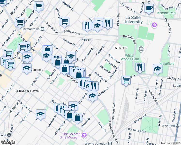 map of restaurants, bars, coffee shops, grocery stores, and more near 89 East Wister Street in Philadelphia