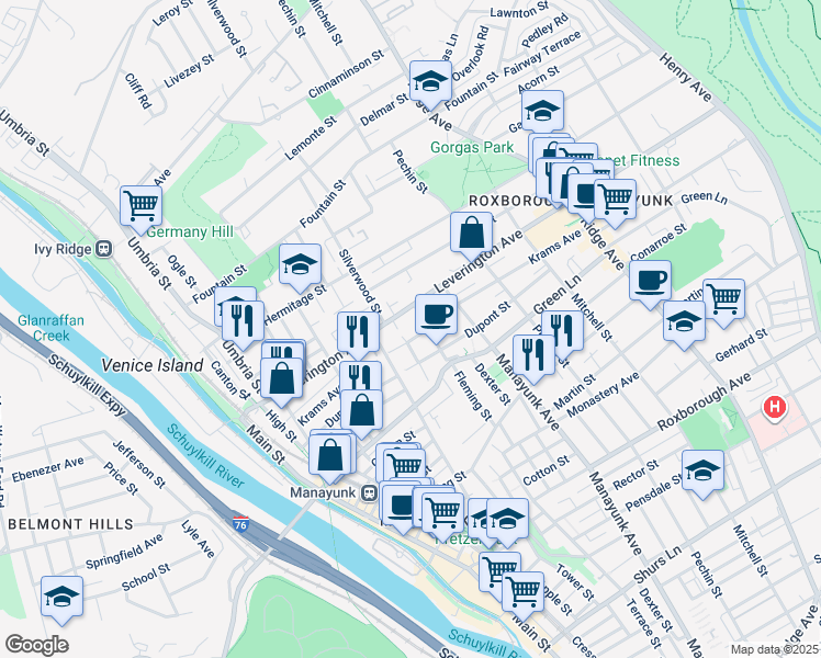 map of restaurants, bars, coffee shops, grocery stores, and more near 260 Krams Avenue in Philadelphia