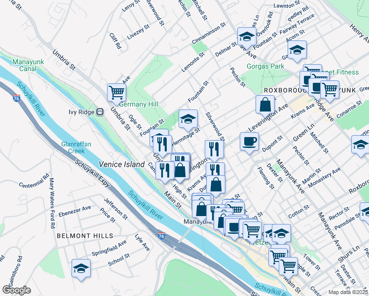 map of restaurants, bars, coffee shops, grocery stores, and more near 4639 Mansion Street in Philadelphia