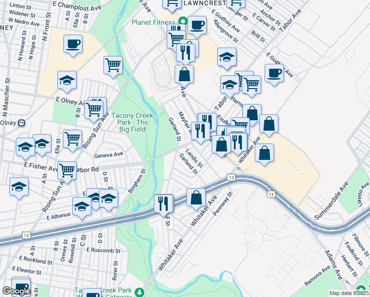 map of restaurants, bars, coffee shops, grocery stores, and more near 5217 North Tabor Road in Philadelphia
