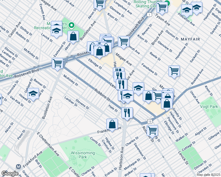 map of restaurants, bars, coffee shops, grocery stores, and more near 6343 Cardiff Street in Philadelphia