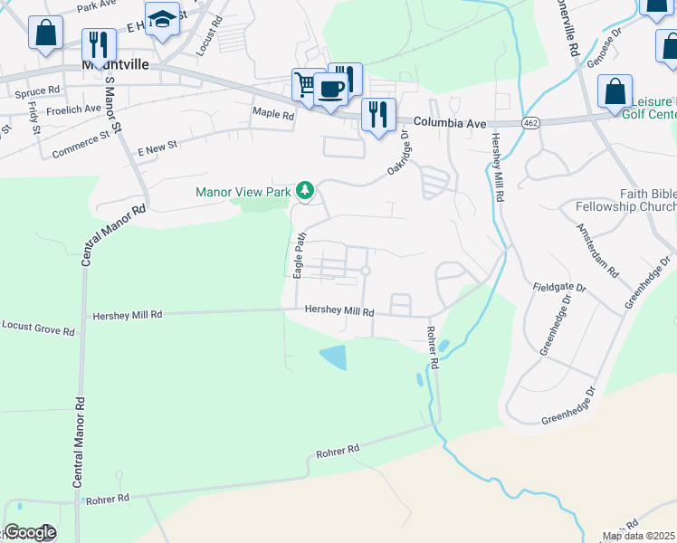 map of restaurants, bars, coffee shops, grocery stores, and more near 123 Timber Drive in Mountville