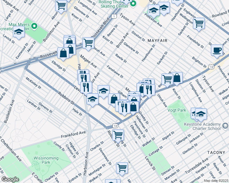 map of restaurants, bars, coffee shops, grocery stores, and more near 3040 Gilham Street in Philadelphia