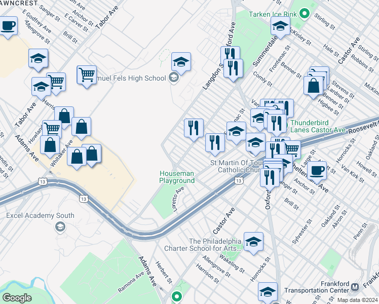 map of restaurants, bars, coffee shops, grocery stores, and more near 901 Granite Street in Philadelphia