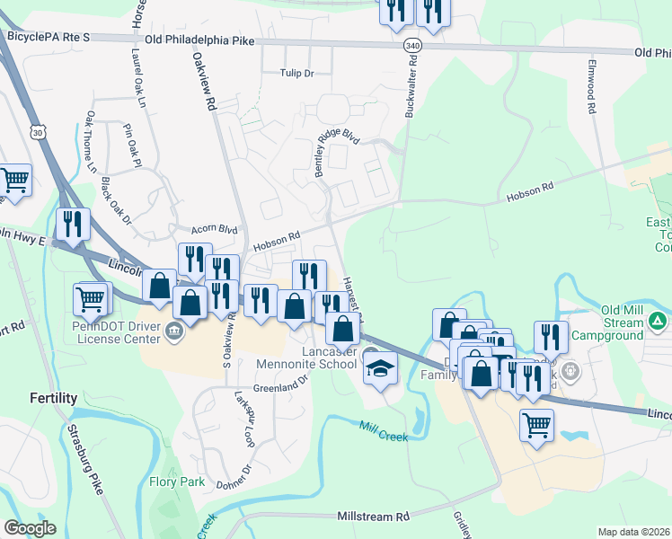 map of restaurants, bars, coffee shops, grocery stores, and more near 42 Harvest Road in Lancaster