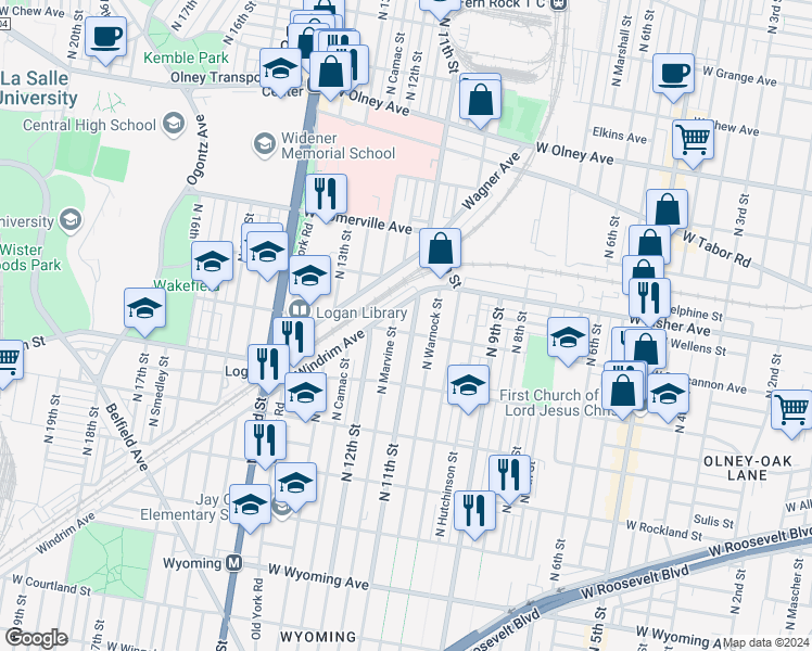 map of restaurants, bars, coffee shops, grocery stores, and more near 5200 North 11th Street in Philadelphia