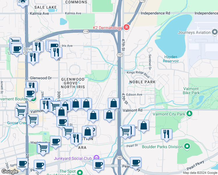 map of restaurants, bars, coffee shops, grocery stores, and more near 3085 Center Green Drive in Boulder