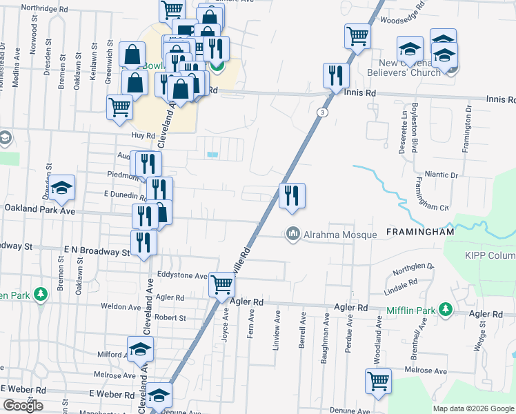 map of restaurants, bars, coffee shops, grocery stores, and more near 3125 Westerville Road in Columbus