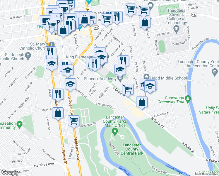 map of restaurants, bars, coffee shops, grocery stores, and more near 604 South Duke Street in Lancaster