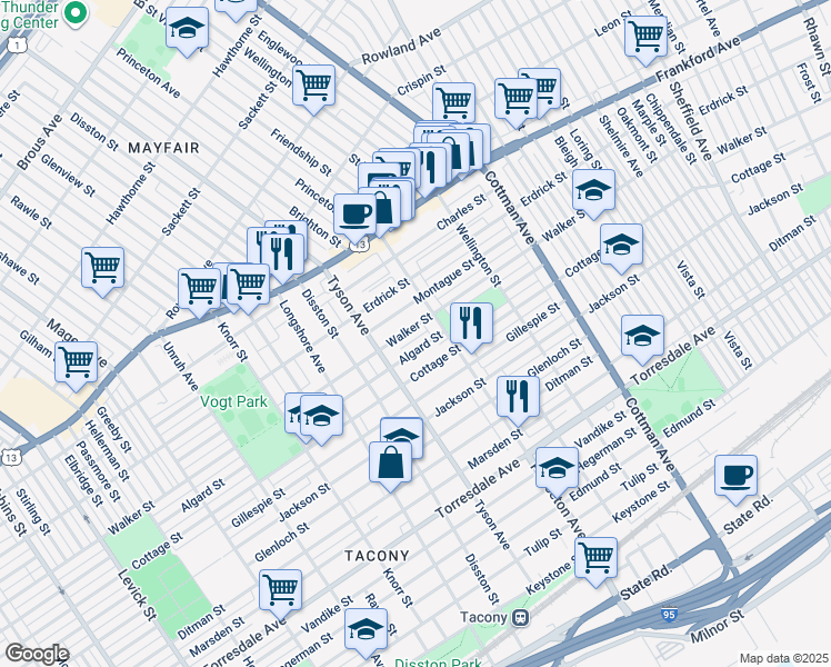 map of restaurants, bars, coffee shops, grocery stores, and more near 7031 Walker Street in Philadelphia