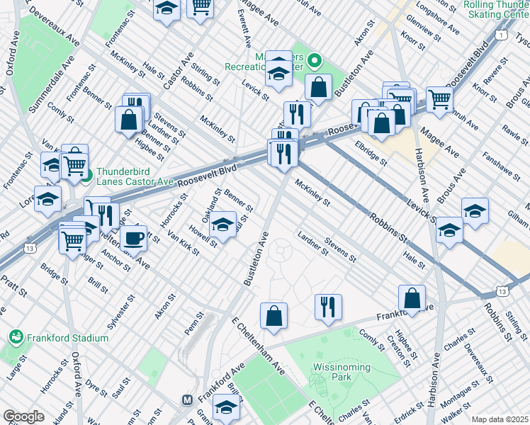 map of restaurants, bars, coffee shops, grocery stores, and more near 6106 Bustleton Ave in Philadelphia
