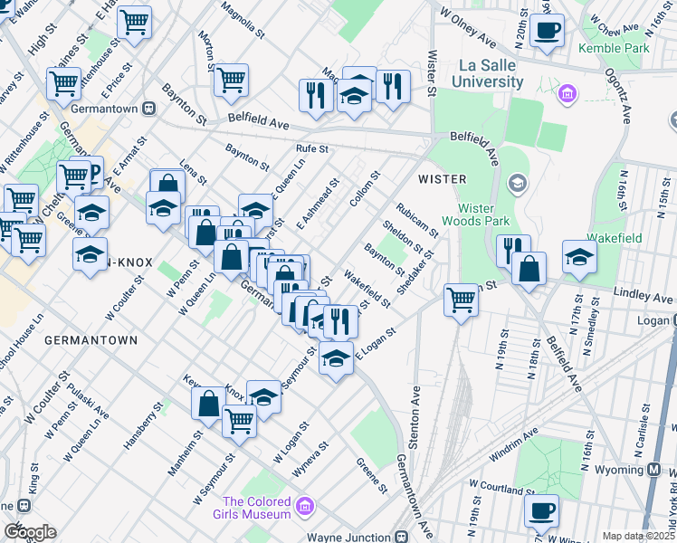 map of restaurants, bars, coffee shops, grocery stores, and more near 5040 Wakefield Street in Philadelphia