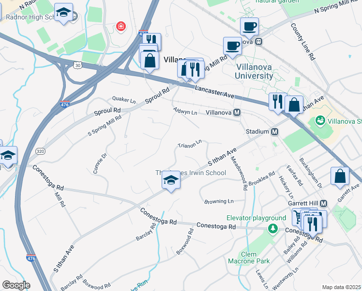 map of restaurants, bars, coffee shops, grocery stores, and more near in Villanova