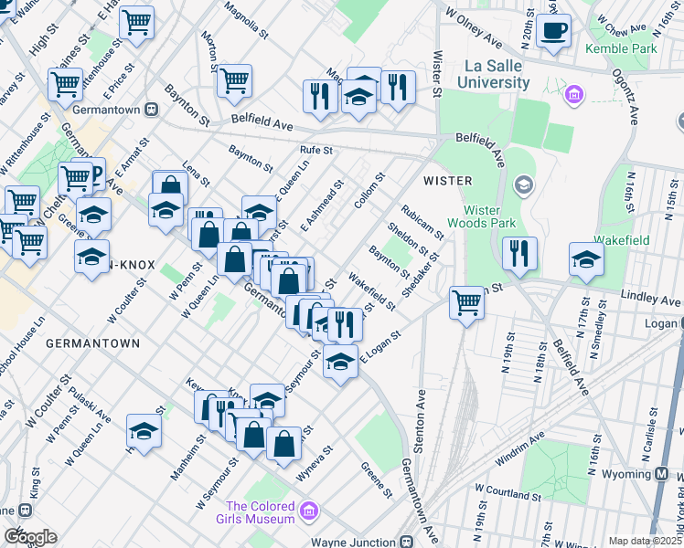 map of restaurants, bars, coffee shops, grocery stores, and more near 5040 Wakefield Street in Philadelphia
