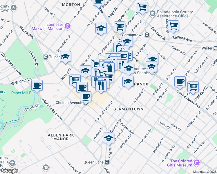map of restaurants, bars, coffee shops, grocery stores, and more near 156 Maplewood Avenue in Philadelphia