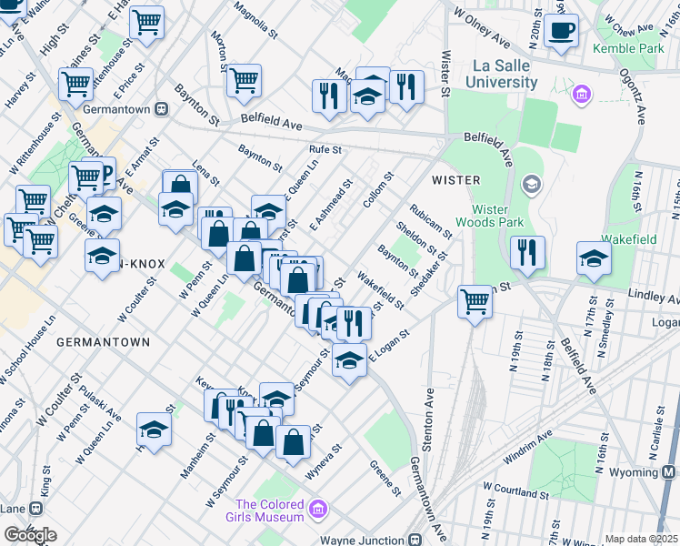 map of restaurants, bars, coffee shops, grocery stores, and more near 89 East Wister Street in Philadelphia