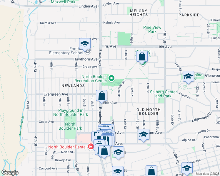 map of restaurants, bars, coffee shops, grocery stores, and more near 3140 Broadway in Boulder