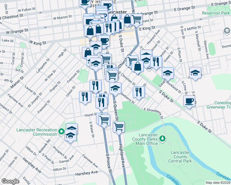 map of restaurants, bars, coffee shops, grocery stores, and more near 433 East Strawberry Street in Lancaster