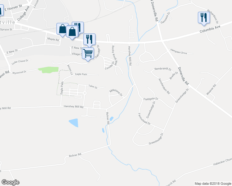 map of restaurants, bars, coffee shops, grocery stores, and more near 103 Red Maple Lane in Mountville