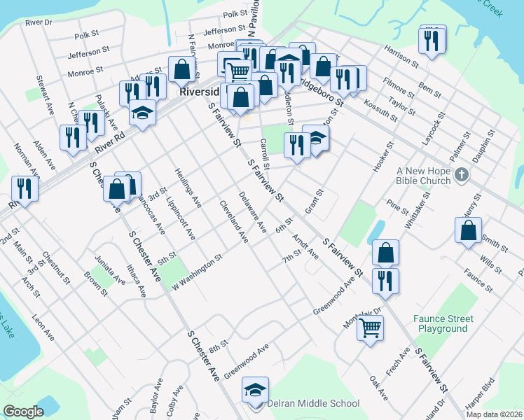 map of restaurants, bars, coffee shops, grocery stores, and more near in Riverside
