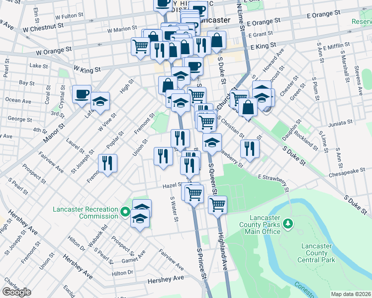 map of restaurants, bars, coffee shops, grocery stores, and more near 345 South Prince Street in Lancaster
