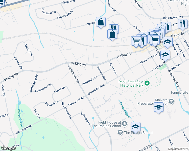 map of restaurants, bars, coffee shops, grocery stores, and more near 531 Highland Avenue in Malvern