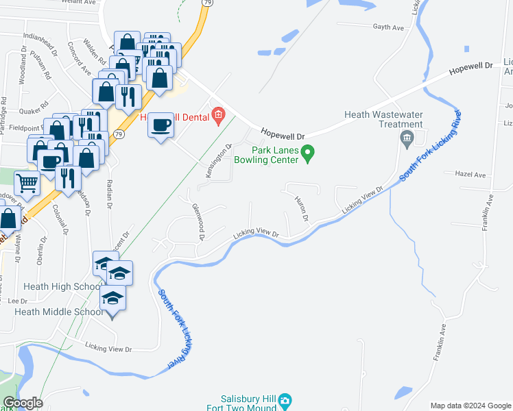 map of restaurants, bars, coffee shops, grocery stores, and more near 537 Huron Drive West in Heath