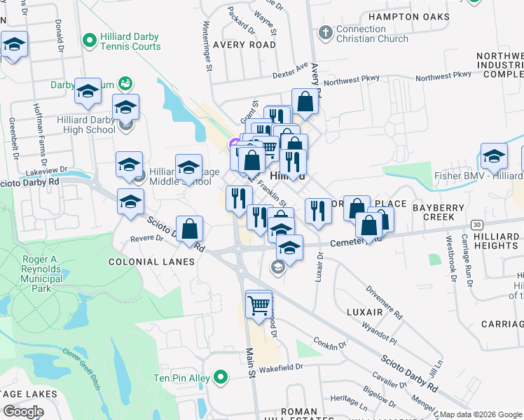 map of restaurants, bars, coffee shops, grocery stores, and more near 3930 Columbia Street in Hilliard
