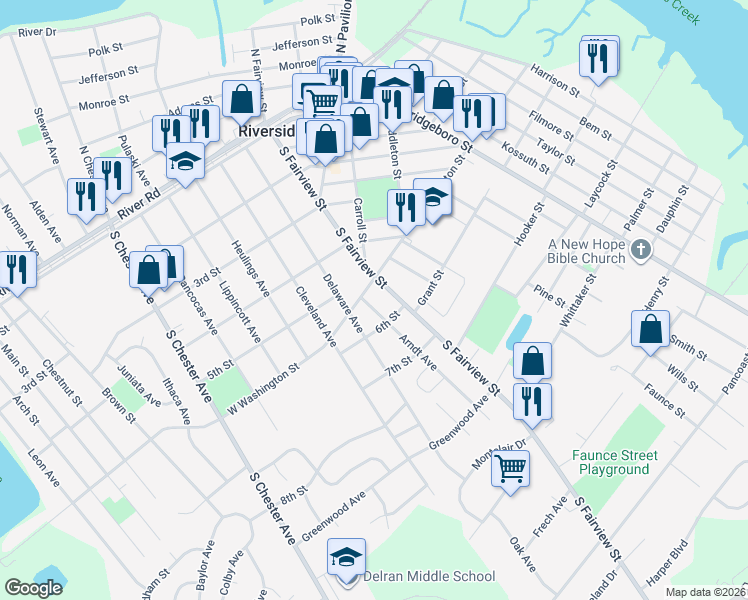 map of restaurants, bars, coffee shops, grocery stores, and more near in Riverside
