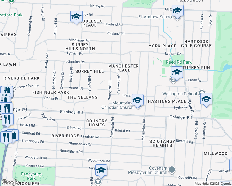 map of restaurants, bars, coffee shops, grocery stores, and more near 3765 Walhaven Road in Columbus
