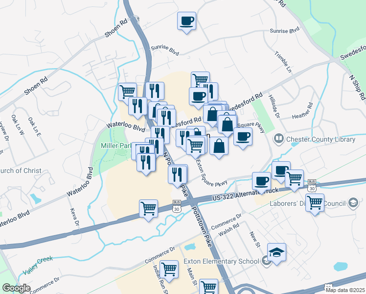 map of restaurants, bars, coffee shops, grocery stores, and more near 181 North Pottstown Pike in Exton