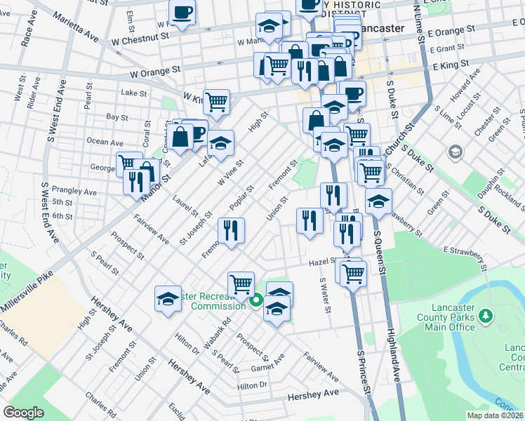 map of restaurants, bars, coffee shops, grocery stores, and more near 317 New Dorwart Street in Lancaster