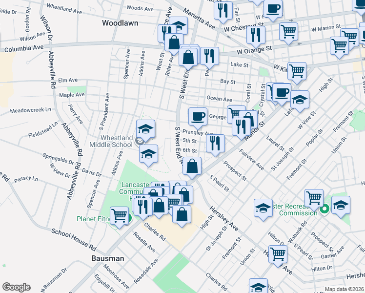 map of restaurants, bars, coffee shops, grocery stores, and more near 505 South West End Avenue in Lancaster