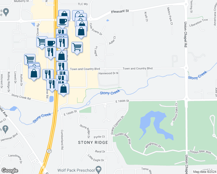 map of restaurants, bars, coffee shops, grocery stores, and more near 10169 Harewood Drive South in Noblesville