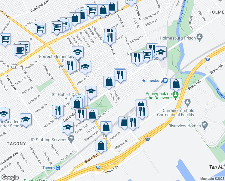 map of restaurants, bars, coffee shops, grocery stores, and more near 7431 Torresdale Avenue in Philadelphia