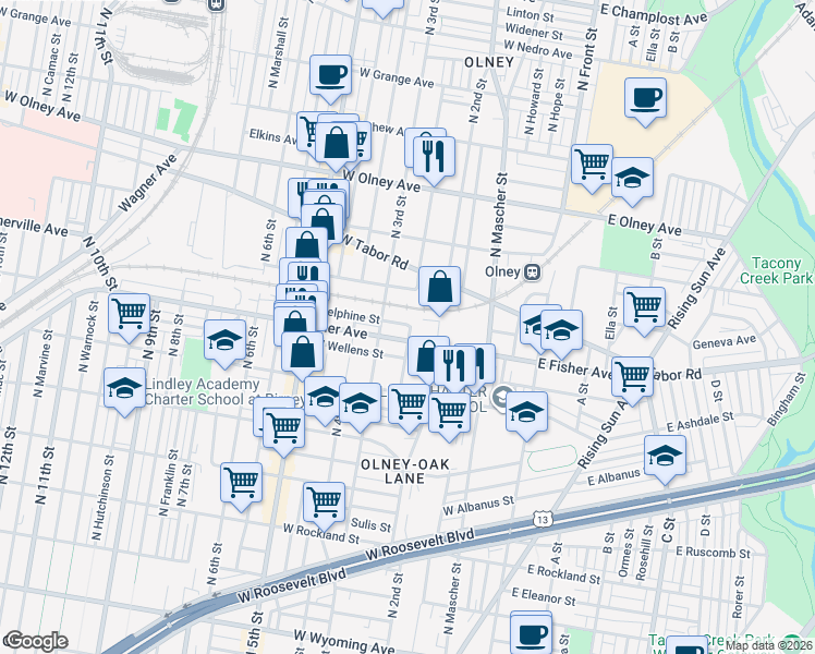 map of restaurants, bars, coffee shops, grocery stores, and more near 240 Delphine Street in Philadelphia