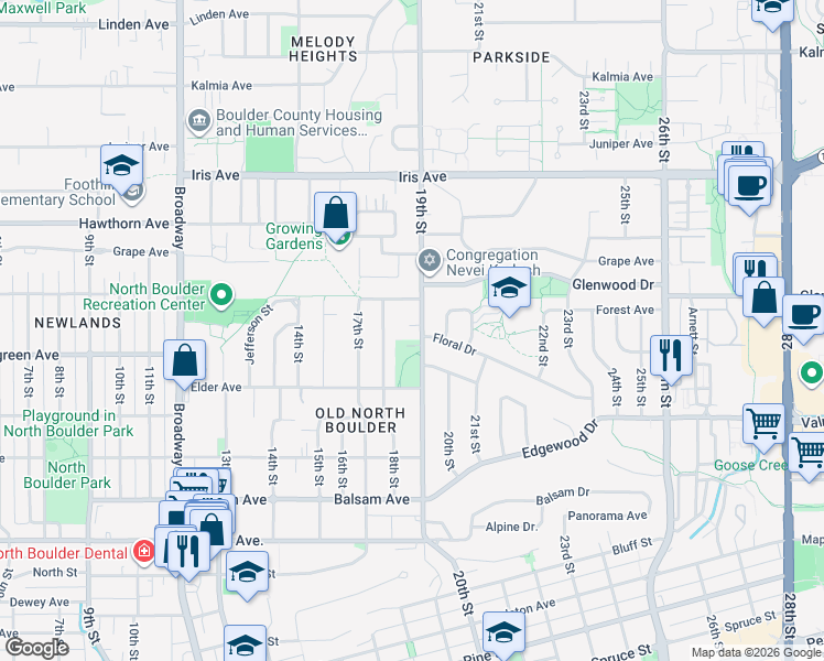 map of restaurants, bars, coffee shops, grocery stores, and more near 3105 Fern Place in Boulder