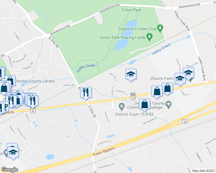 map of restaurants, bars, coffee shops, grocery stores, and more near 137 Livingston Lane in Exton