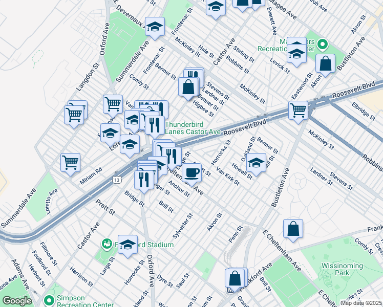 map of restaurants, bars, coffee shops, grocery stores, and more near 1402 Van Kirk Street in Philadelphia