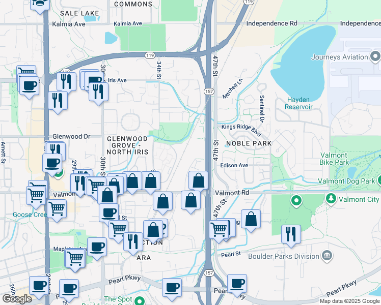 map of restaurants, bars, coffee shops, grocery stores, and more near 3080 Center Green Drive in Boulder