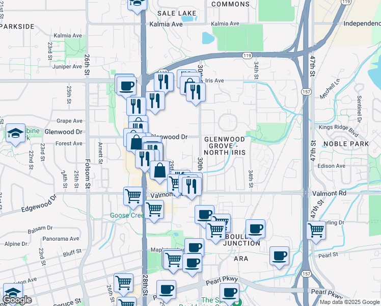 map of restaurants, bars, coffee shops, grocery stores, and more near 2930 Glenwood Drive in Boulder