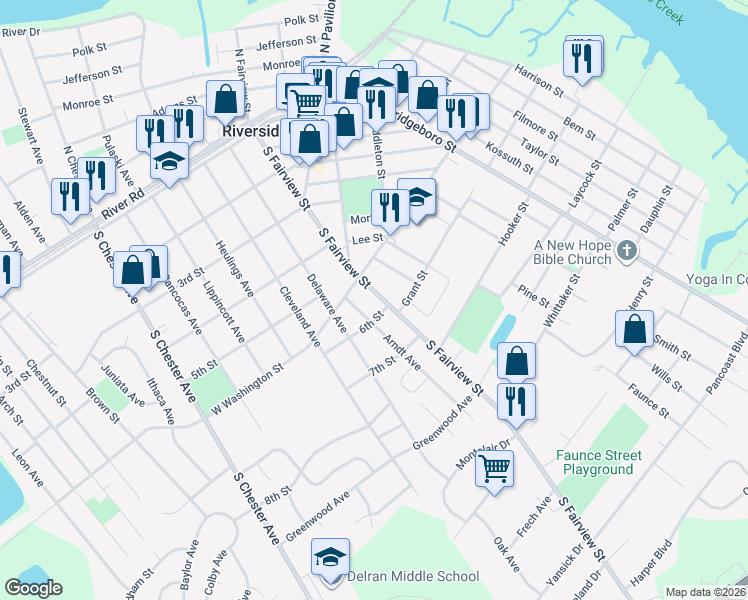 map of restaurants, bars, coffee shops, grocery stores, and more near 521 South Fairview Street in Riverside