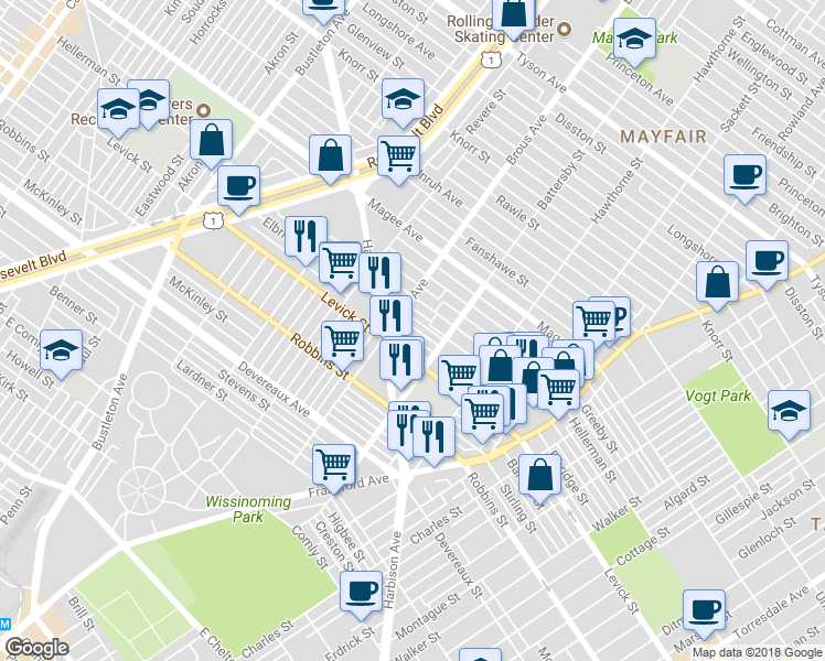 map of restaurants, bars, coffee shops, grocery stores, and more near 2931 Passmore Street in Philadelphia