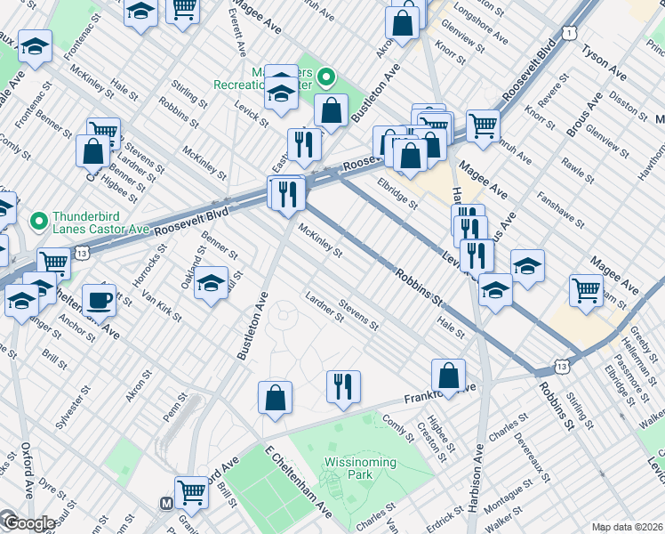 map of restaurants, bars, coffee shops, grocery stores, and more near 2053 Devereaux Avenue in Philadelphia